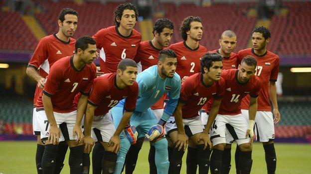 Egypt's 2012 Olympic team line up before their opening clash against Brazil on Thursday