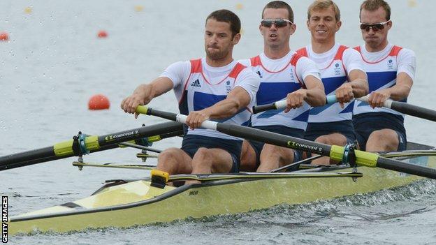 R-L Great Britain's Peter Chambers, Rob Williams, Richard Chambers and Chris Bartley compete in the men's lightweight four semifinals of the rowing event during the London 2012 Olympic Games,