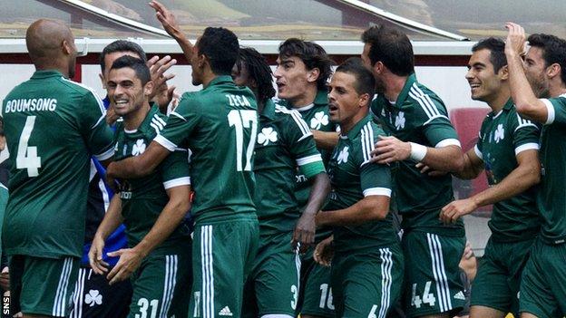 Panathinaikos celebrate after Lazaros Christodoulopoulos gives the Greeks a 13th-minute lead