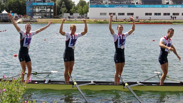 Rower Chris Bartley (right) celebrates winning an Olympic silver medal in the men's lightweight four with Team GB crew Peter Chambers, Rob Williams and Richard Chambers