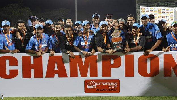 India celebrate with the ODI series trophy