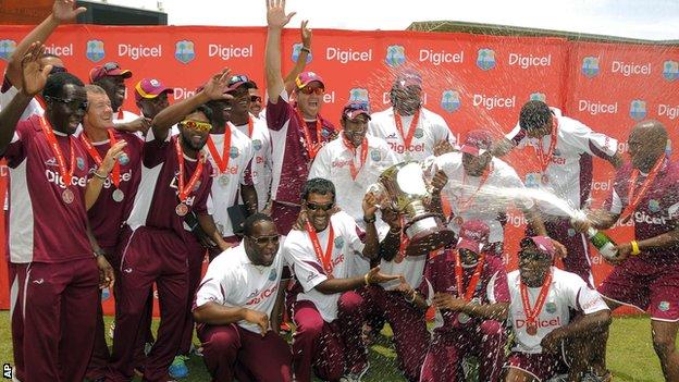 West Indies celebrate with the Test series trophy