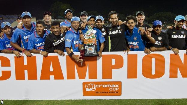 India celebrate with the Twenty20 trophy