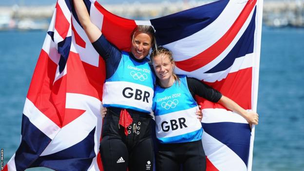 Sailor Hannah Mills (R) and partner Saskia Clark celebrate an Olympic silver medal in the 470 class, having also won the World Championships in Barcelona earlier in the year