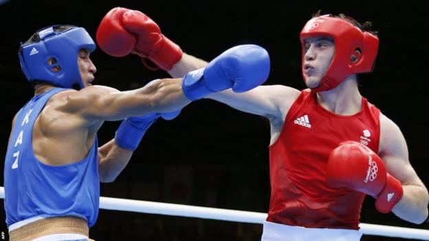Fred Evans (right) takes on Serik Sapiyev in the Olympic welterweight boxing final at London 2012 but had to settle for silver after losing 9-17 to the man from Kazakhstan
