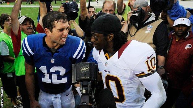 Quarterbacks Andrew Luck (left) and Robert Griffin III will face huge pressure in their rookie season