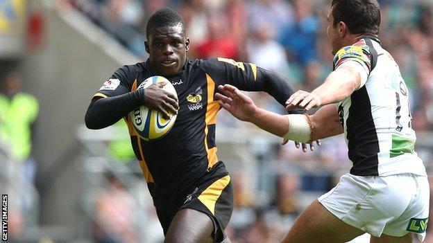 Christian Wade skins George Lowe on his way to his second try for Wasps against Quins