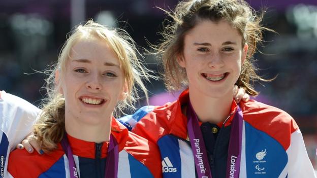 Jenny McLoughlin and Olivia Breen stand on the podium to collect their Paralympic bronze medals as part of Great Britain's T35-38 4x100m relay team