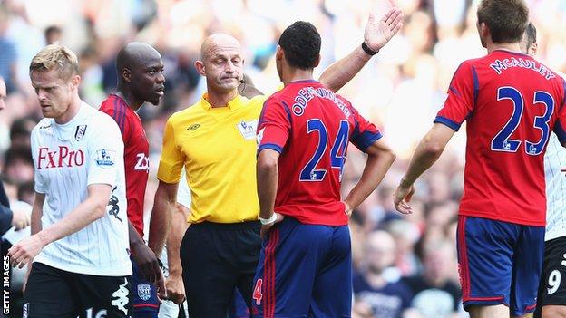 Peter Odemwingie is dismissed by referee Roger East