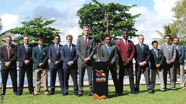 The 10 team captains with the ICC World Twenty20 trophy