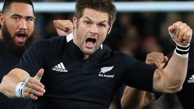 Richie McCaw performs the haka for New Zealand against South Africa