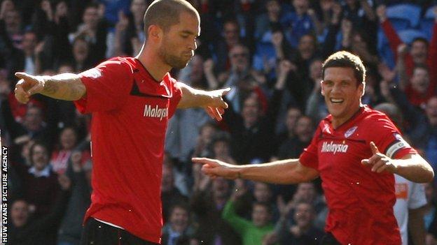 Matthew Connolly (left) celebrates after scoring Cardiff's opening goal