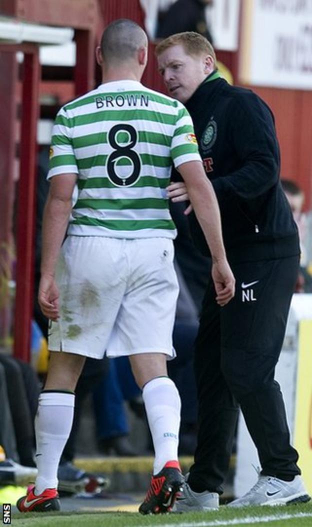 Brown chats with Lennon after being substituted against Motherwell