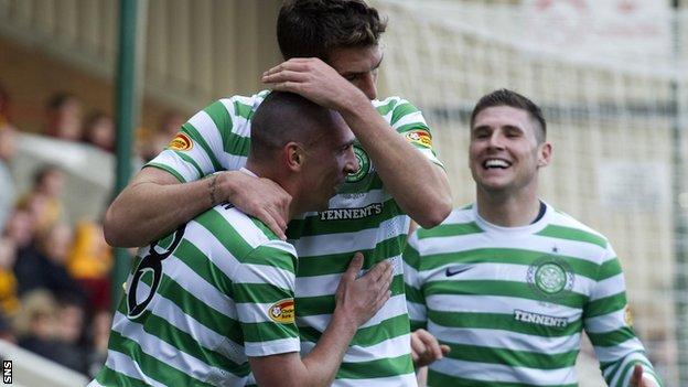 Brown is congratulated for his role in Celtic's second goal
