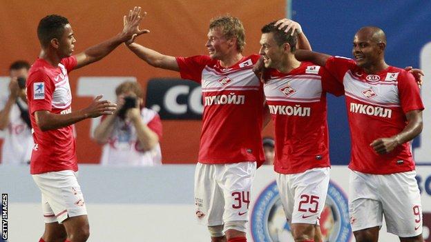 Spartak Moscow's Diniyar Bilyaletdinov (c) celebrates scoring against FC Dynamo Moscow