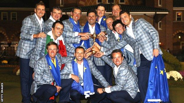 Europe celebrate their 2012 Ryder Cup win