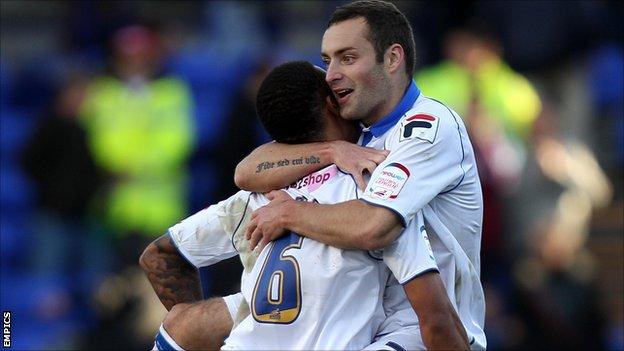 Danny Holmes is congratulated after his winning goal for Tranmere against Yeovil