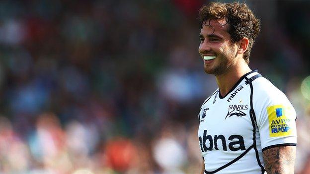 Danny Cipriani smiles during a game for Sale