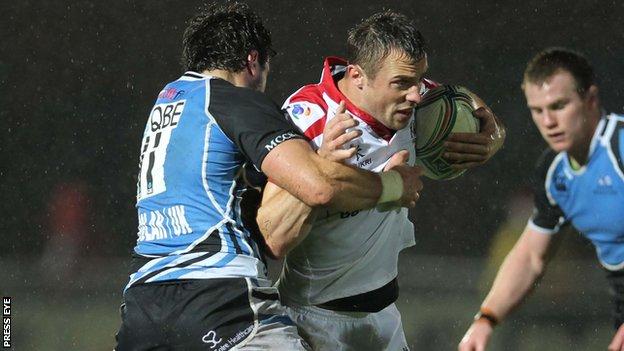 Glasgow's Alex Dunbar tackles Ulster's Tommy Bowe