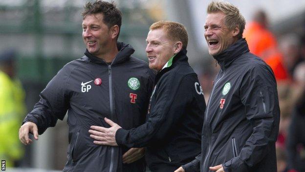 Celtic manager Neil Lennon flanked by assistants Garry Parker and Johan Mjallby