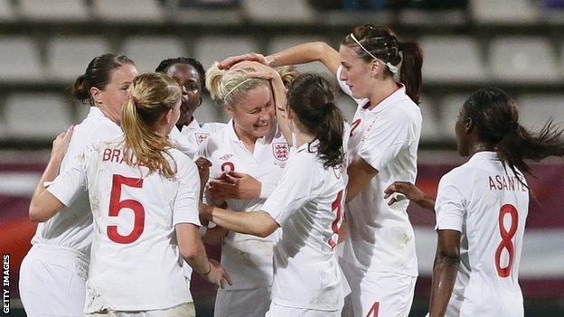 England women's players celebrate a goal