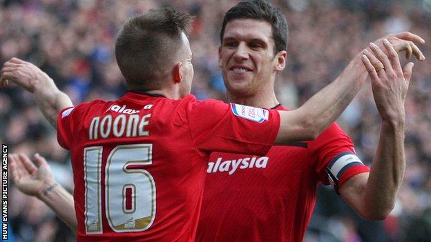 Craig Noone celebrates his goal against Burnley with captain Mark Hudson