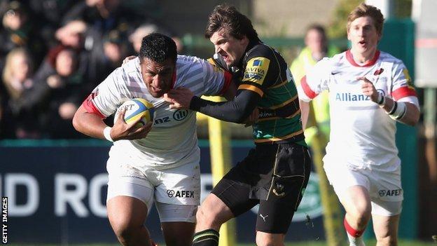 Saracens prop forward Mako Vunipola (left) in action against Northampton