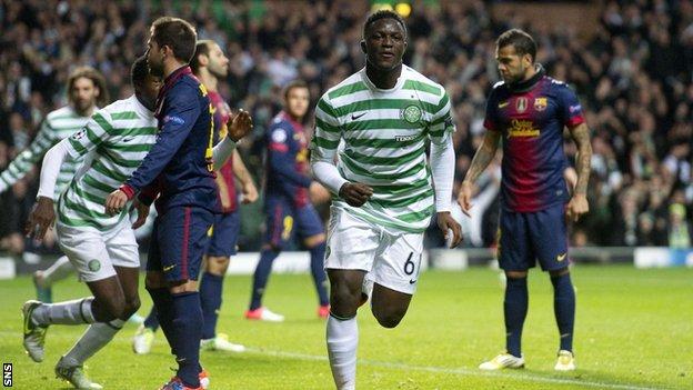 Victor Wanyama celebrates putting Celtic in front against Barcelona