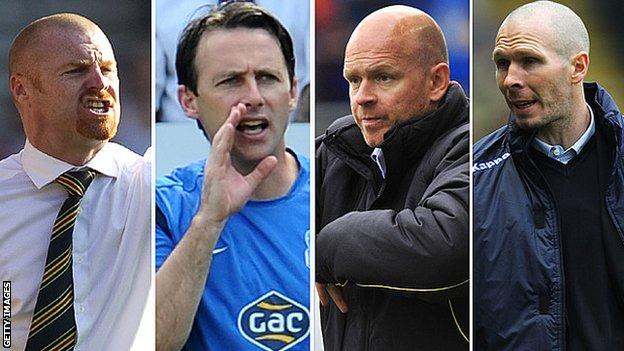 (l to r) Burnley manager Sean Dyche, Bolton Wanderers manager Dougie Freedman, Blackburn Rovers manager Henning Berg, Blackpool manager Michael Appleton