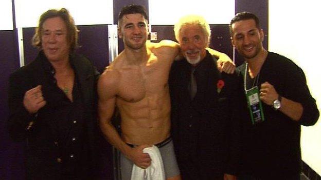 Mickey Rourke (left) and Sir Tom Jones flank Nathan Cleverly after his victory