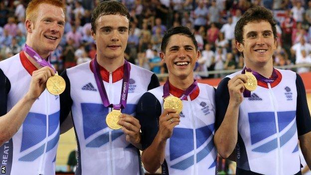 Ed Clancy (left) with GB team pursuiters Steven Burke, Peter Kennaugh and Geraint Thomas at London 2012
