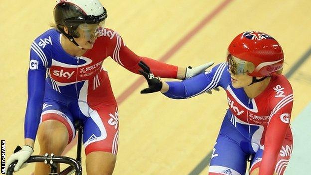 Jess Varnish (r) is congratulated by team-mate Becky James