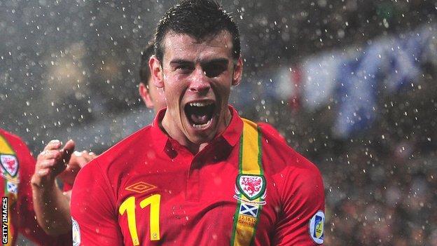 Gareth Bale celebrates scoring for Wales against Scotland