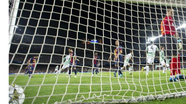 Celtic open the scoring against Barcelona in the Camp Nou
