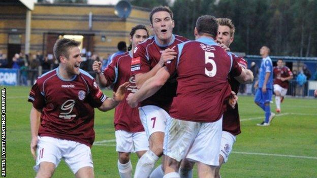 Hastings celebrate their equaliser against Bishops Stortford in the first round