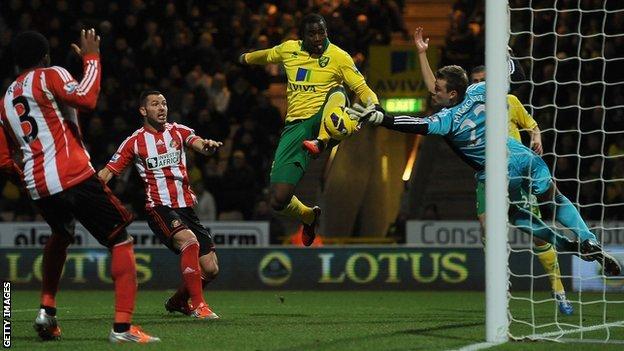 Sebastien Bassong scores for Norwich against Sunderland