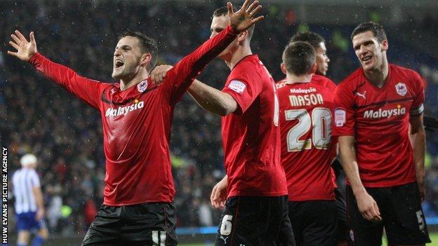 Cardiff City players celebrate goal against Sheffield Wednesday
