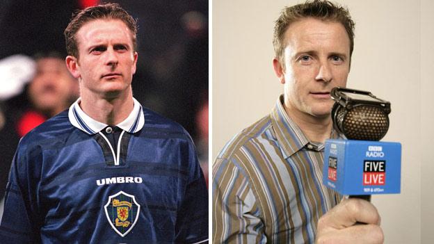 Kevin Gallacher in action for Scotland and in his new role as a football pundit