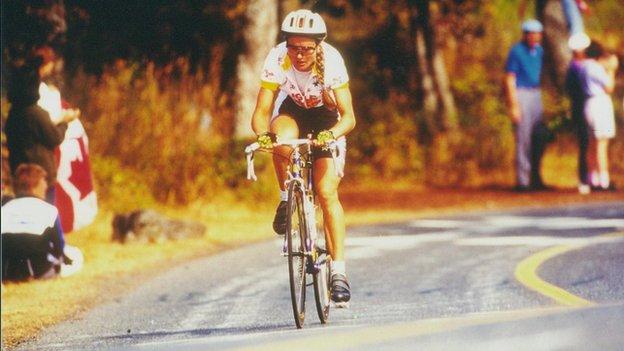 Marie riding for Team Isle of Man in the road race at the 1994 Commonwealth Games in Victoria, Canada