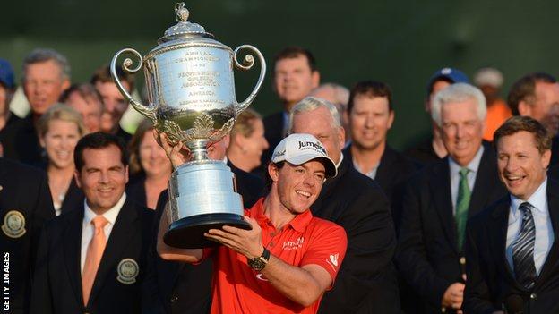 Rory McIlroy holds the USPGA trophy after winning the major in August