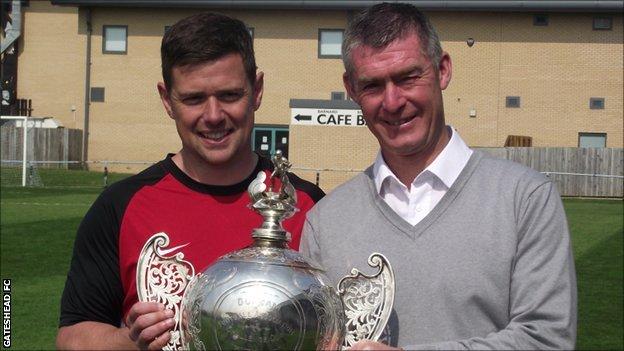 Gateshead boss Anth Smith and Paul Bryson with the Gateshead Senior Cup