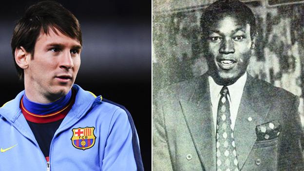 Barcelona's Lionel Messi (left) and Zambia striker Godfrey Chitalu (right)