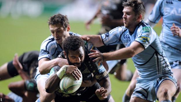 Montpellier's Jim Nagusa forces his way over the try line as Cardiff Blues lose 34-21 at the Yves du Manoir Stadium in the Heineken Cup