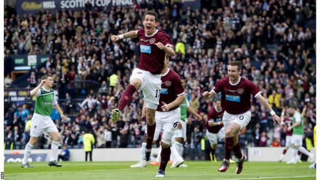 Ryan McGowan scores Hearts' fourth goal against Hibernian in the Scottish Cup final