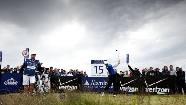 Scotland's Marc Warren drives off at the 15th still in contention to win the Scottish Open