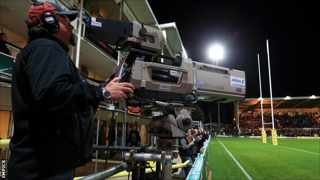 TV camera at rugby union game