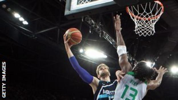 Argentina v Brazil basketball players in action during the Olympics
