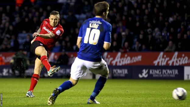 Craig Bellamy puts Cardiff City ahead in their Championship game at Leicester City