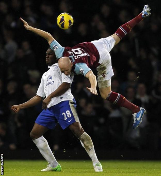 West Ham United's Welsh defender James Collins takes the aerial route as he challenges Everton's Nigerian striker Victor Anichebe in the Premier League