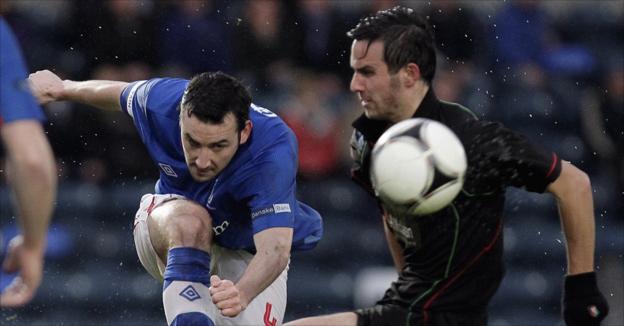 Michael Gault and Andrew Waterworth in action during Linfield's 2-1 win over Glentoran